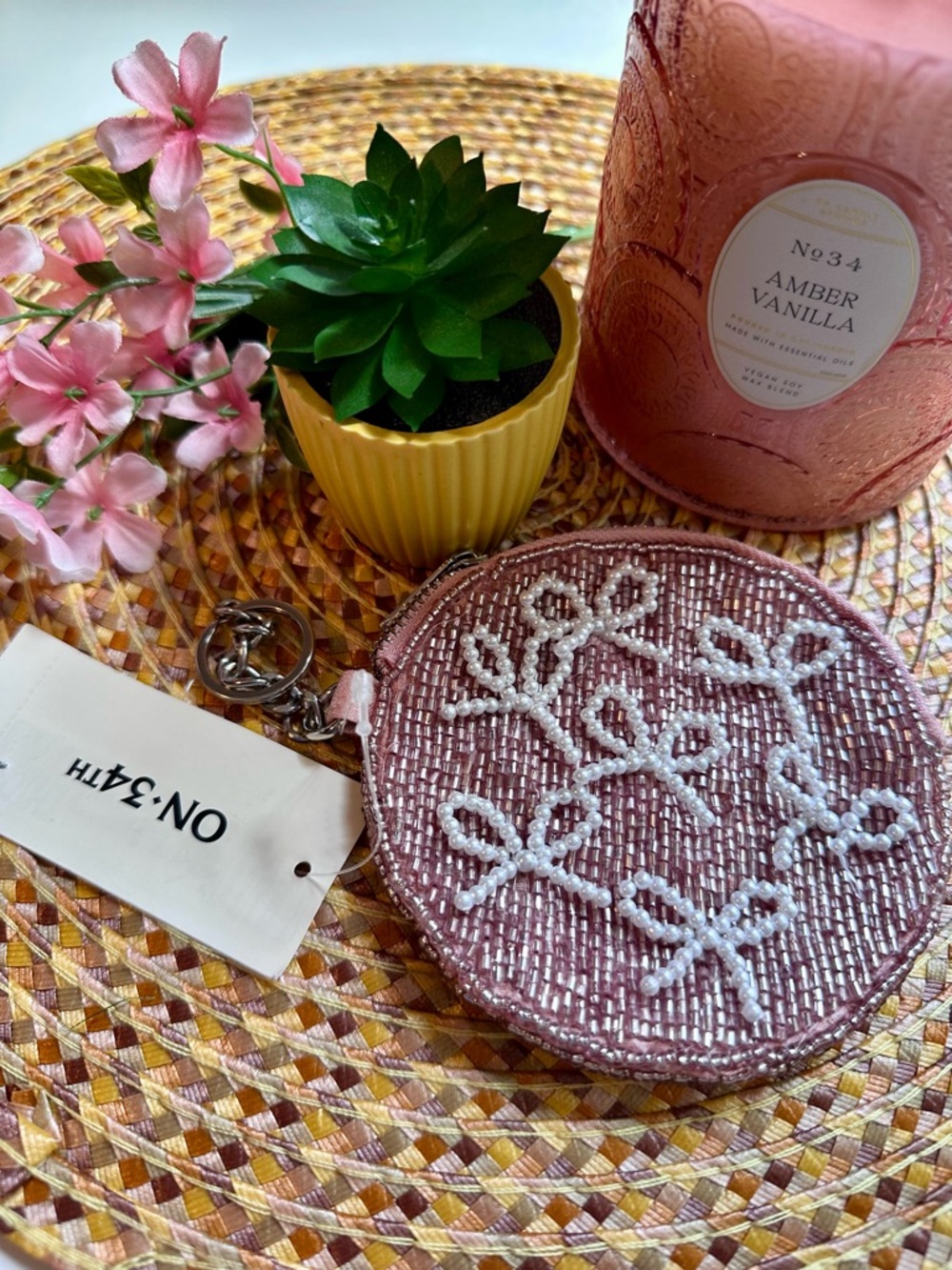 ON-34th Pink Beaded Round Coin & Key Holder